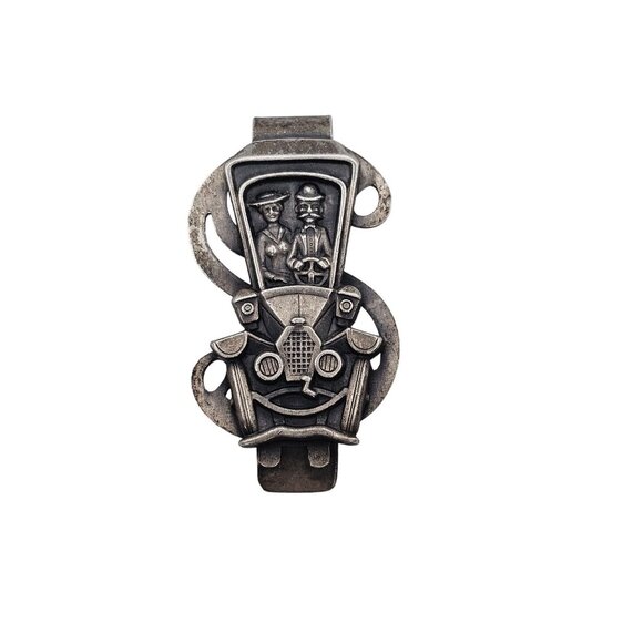 Vintage Pewter Silver Couple in Old Automobile Figural Money Clip Accessory - Picture 1 of 11